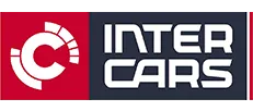 Logo Inter Cars z białym symbolem i napisem na czerwonym i czarnym tle.