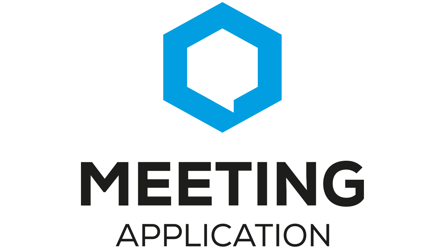 Logo aplikacji Meeting z niebieskim sześciokątem i tekstem Meeting Application.