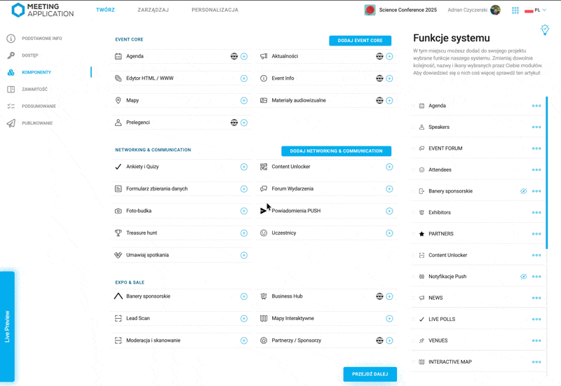 Interfejs aplikacji spotkań z sekcjami: podstawowe info, dostęp, komponenty, zawartość, podsumowanie, publikowanie; lista funkcji systemu i zarządzanie modułami wydarzenia.