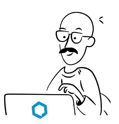 Ilustracja mężczyzny przy laptopie z logo