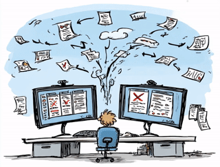 Osoba siedząca przed dwoma monitorami z dokumentami, z których nad biurkiem unoszą się kolejne kartki z tekstem.