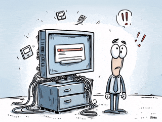 Rysunek komputera z wieloma plączącymi się kablami wypadającymi z ekranu oraz zmartwiona postać z wyrzutnikami nad głową.