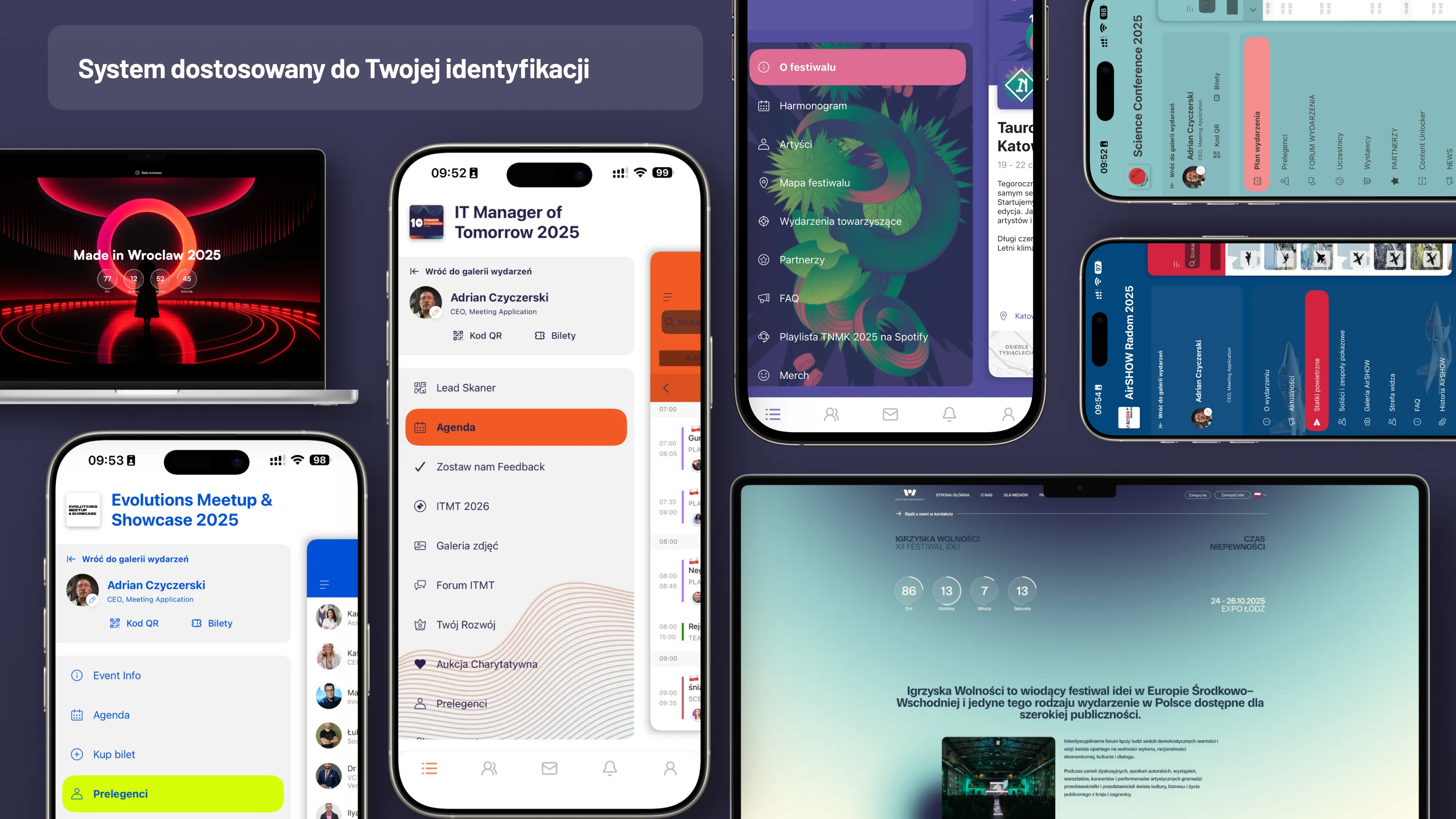 Kolaż ekranów urządzeń pokazujący różne polskojęzyczne aplikacje konferencyjne i eventowe na smartfonach i laptopie.