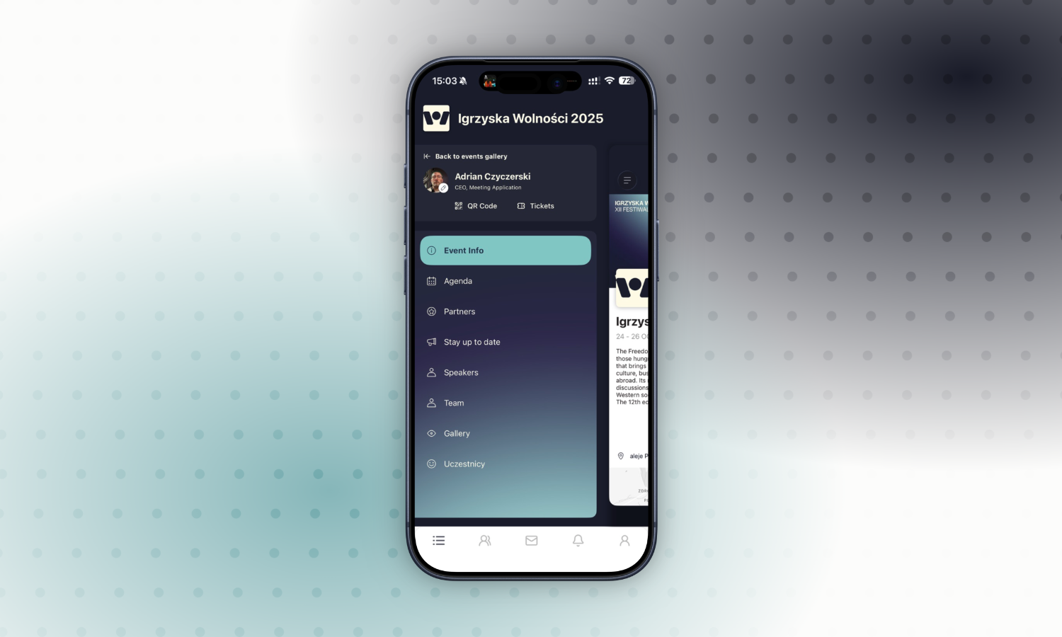 Interfejs aplikacji na smartfonie prezentujący stronę wydarzenia Igrzyska Wolności 2025 z menu bocznym zawierającym informacje o wydarzeniu, agendę, partnerów, prelegentów, zespół i galerię.