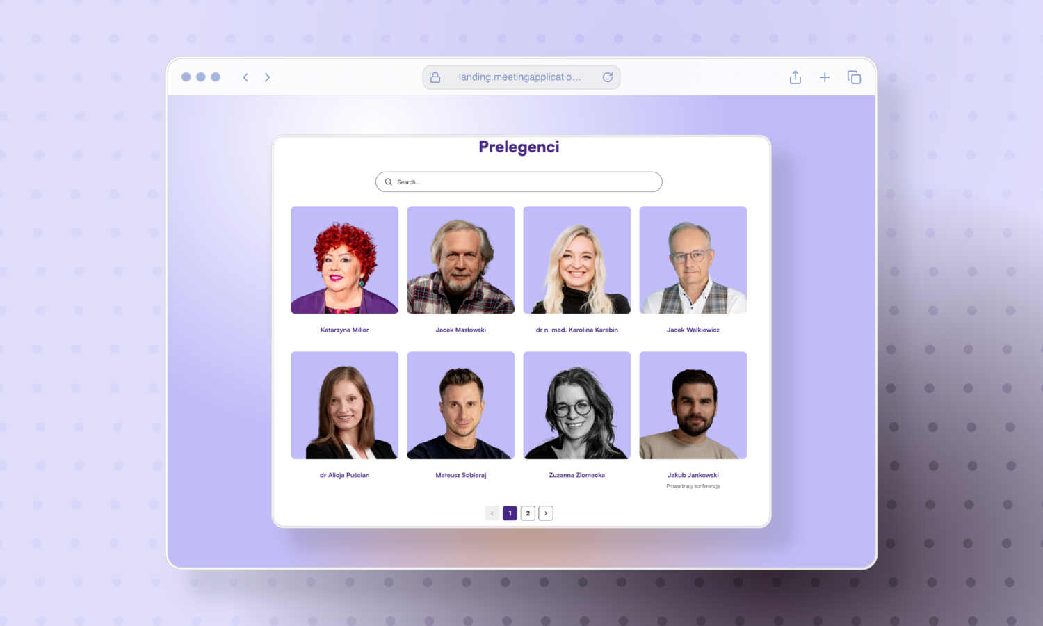 Strona internetowa z ośmioma portretami prelegentów na jasnofioletowym tle z wyszukiwarką i numeracją stron.