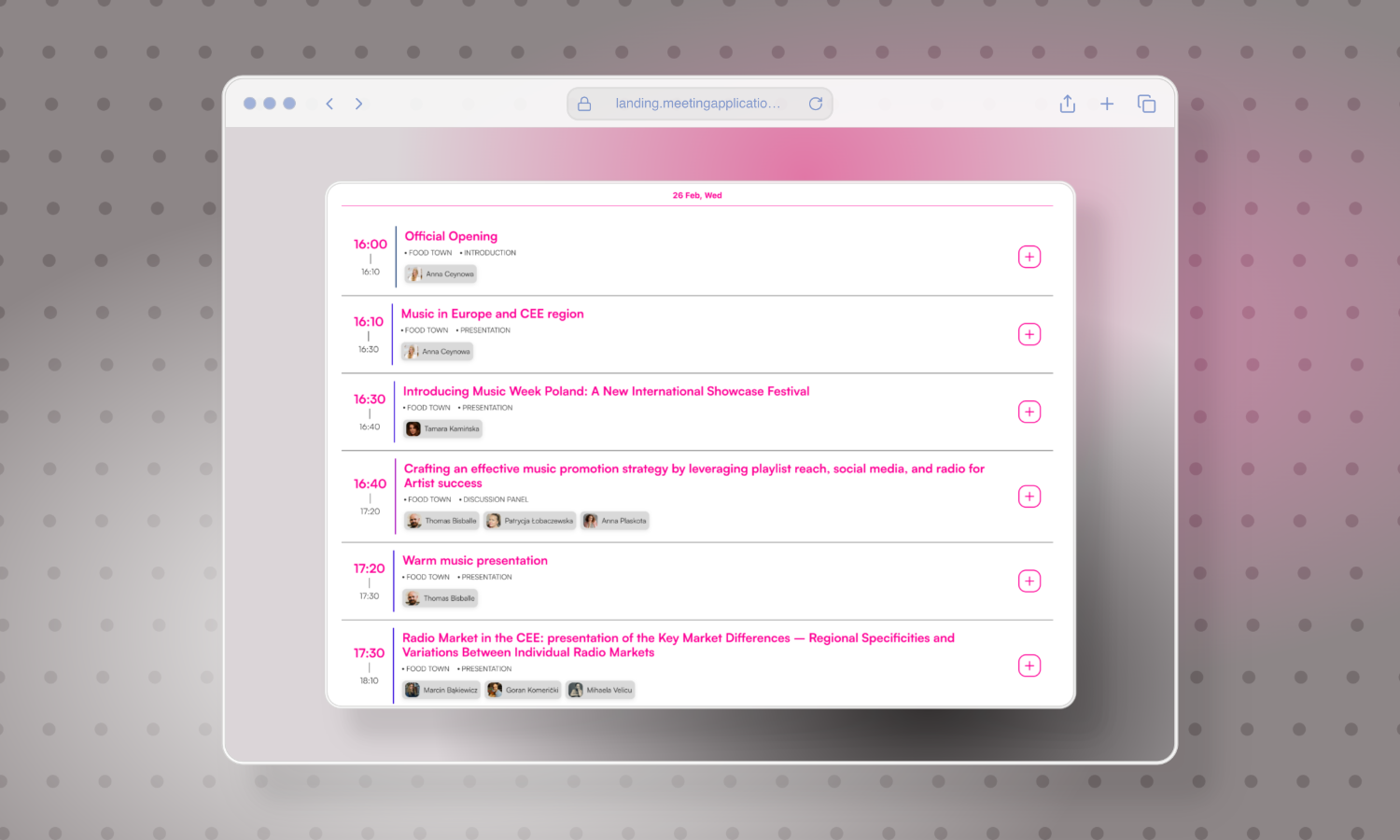 Agenda spotkania muzycznego 26 lutego, z godzinami i tematami prezentacji, w tym oficjalne otwarcie, muzyka w Europie i regionie CEE oraz strategie promocji muzyki.