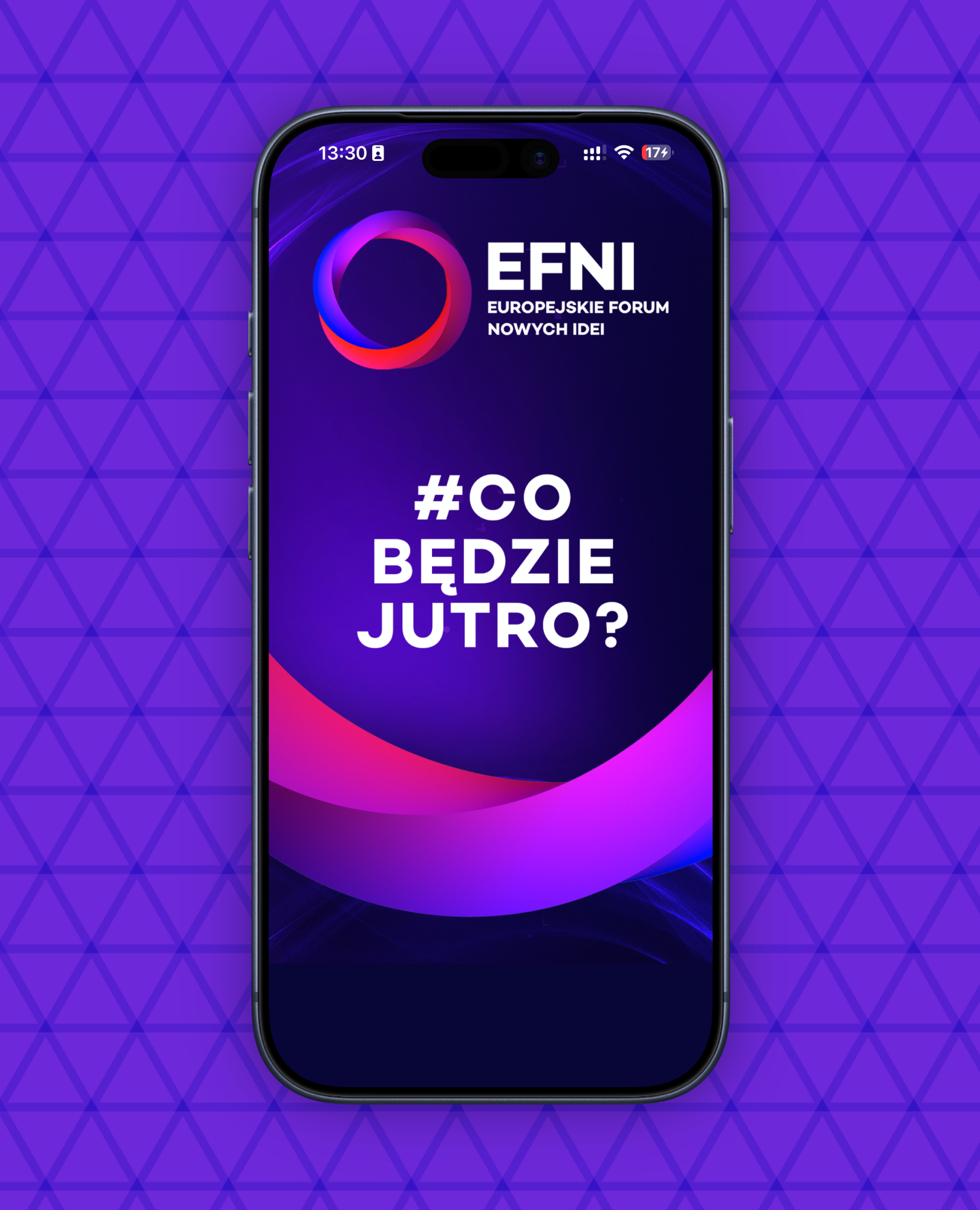 Smartfon z ekranem pokazującym logo EFNI Europejskie Forum Nowych Idei i hasło #Co Będzie Jutro?