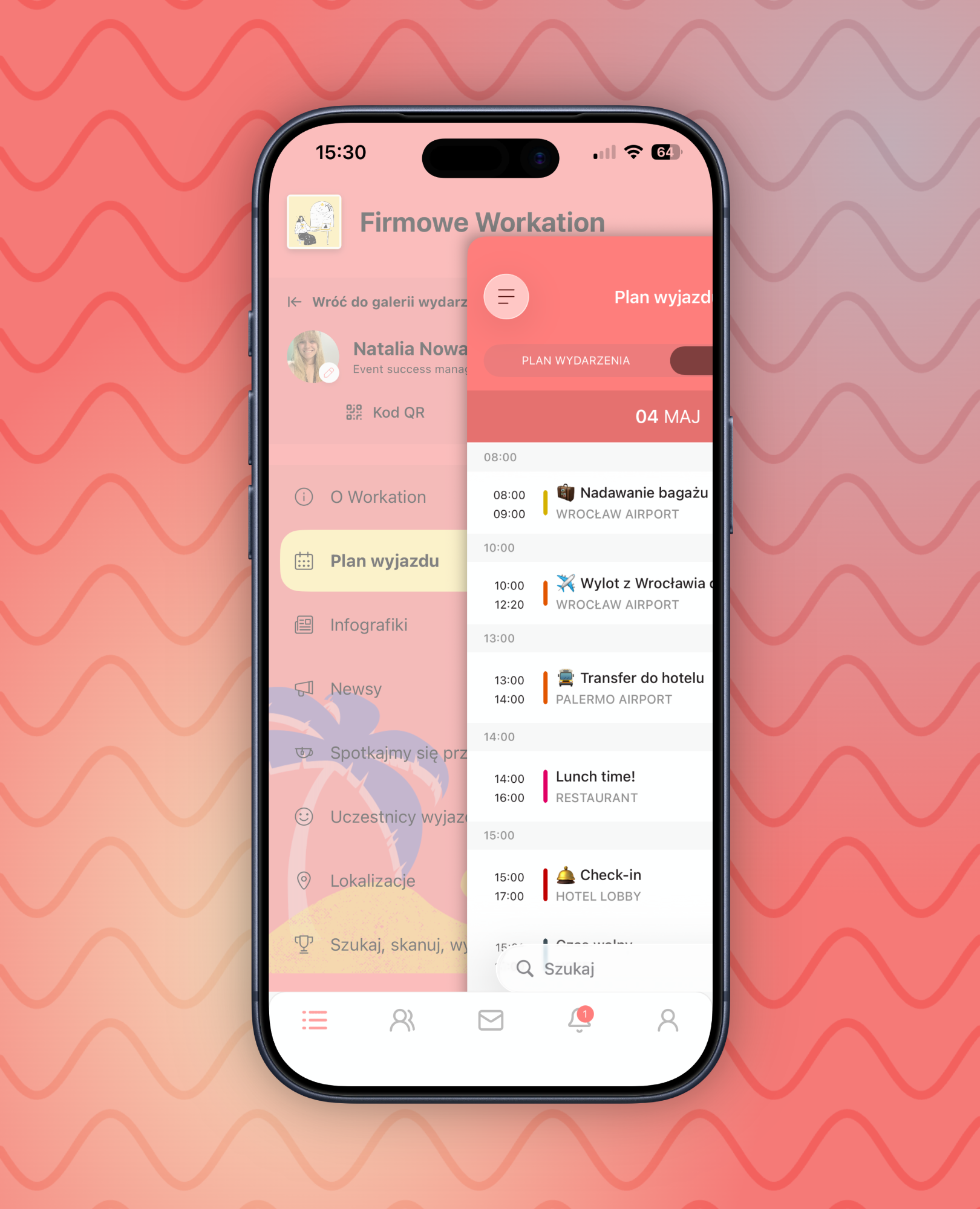 Ekran smartfona pokazujący aplikację z planem wyjazdu służbowego na 4 maja, w tym nadawanie bagażu, wylot z Wrocławia, transfer do hotelu w Palermo, lunch i zameldowanie.