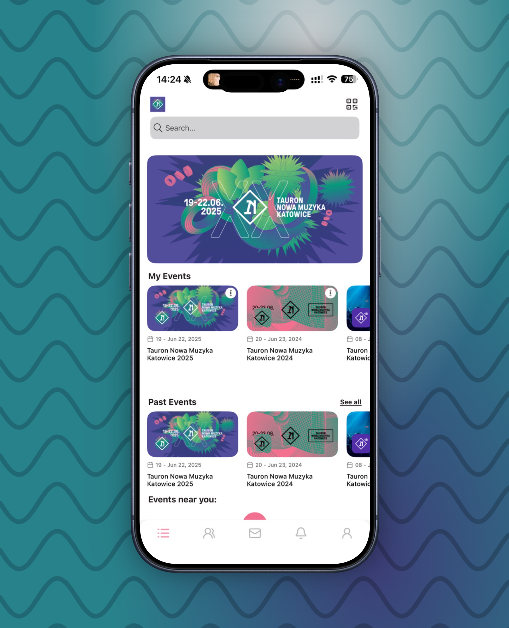 Ekran aplikacji mobilnej wyświetlający wydarzenia Tauron Nowa Muzyka Katowice z datami 2025 i 2024.
