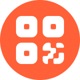 White QR code icon in a circular orange background.
