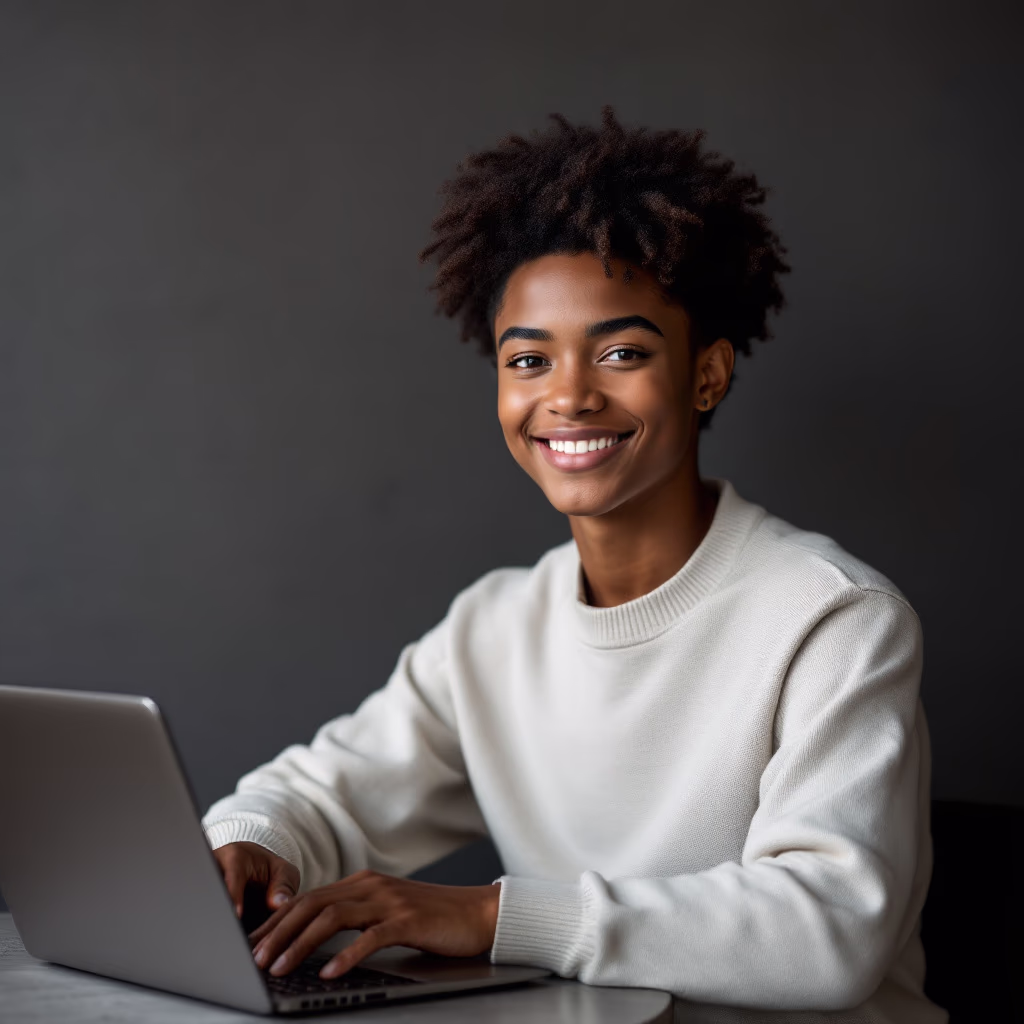 [headshot] image of satisfied student using a laptop
