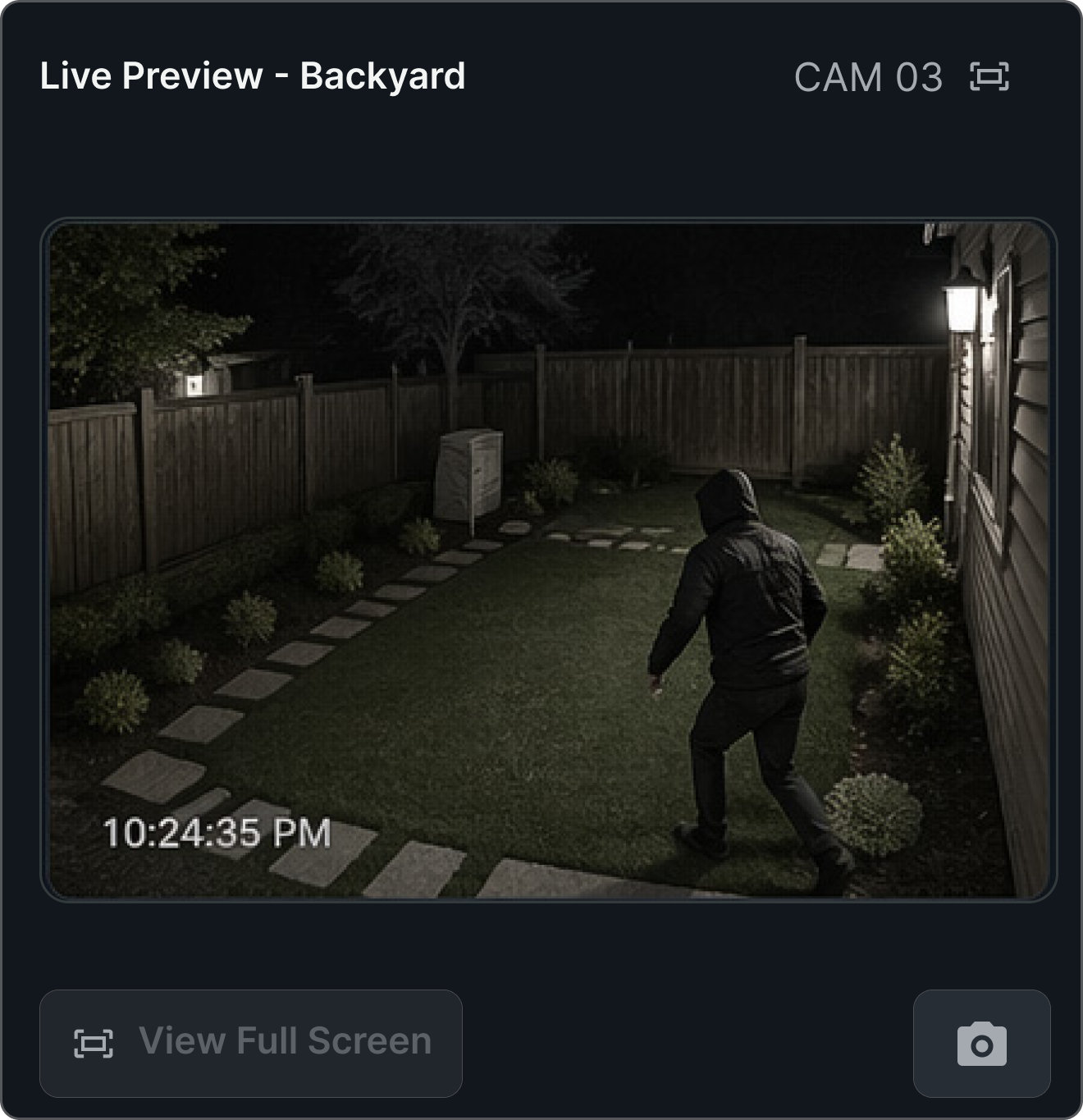 Live backyard security camera preview displayed within the SecureHome dashboard.