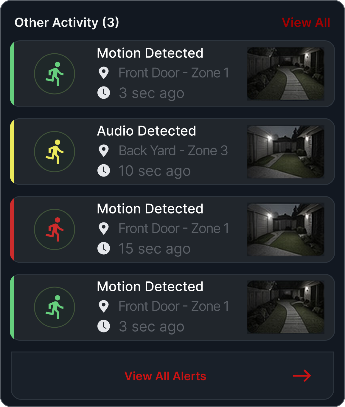 Color-coded security alert cards showing event type, location, time, and priority.