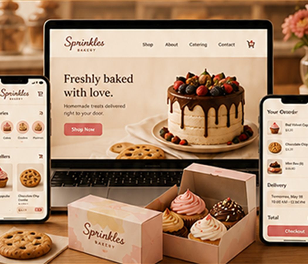 Sprinkles responsive ordering interface showing cupcake selection and online ordering actions.