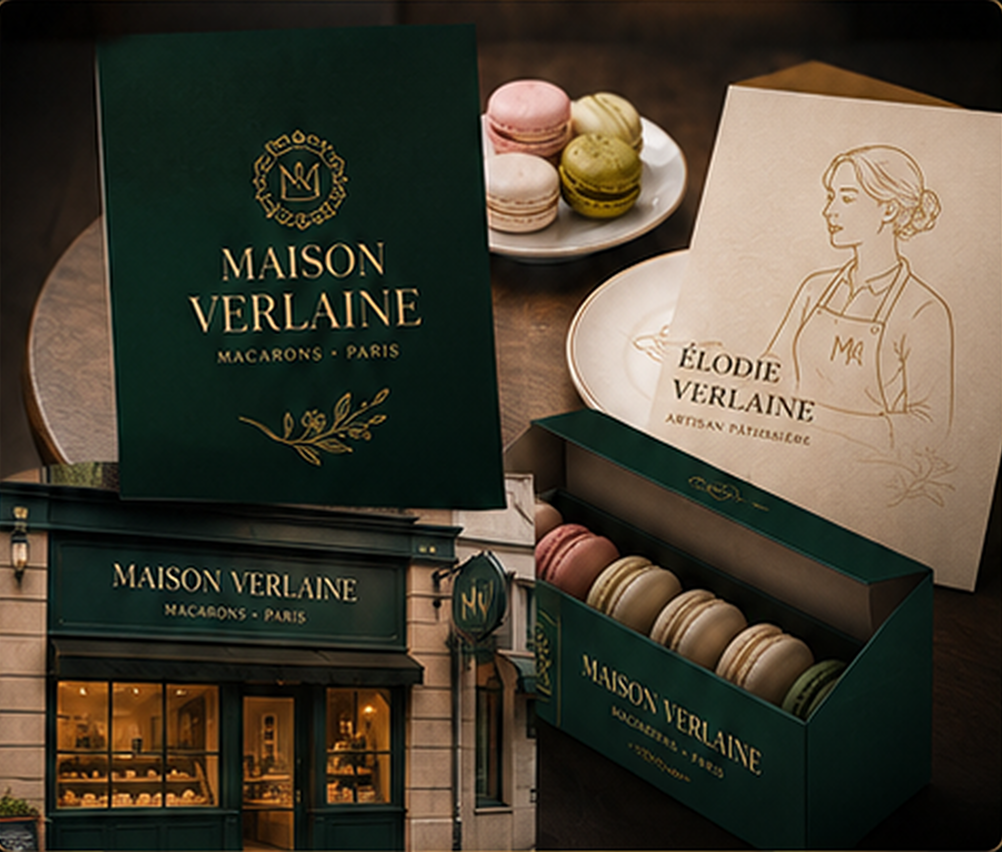 Maison Verlain brand presentation featuring luxury bakery packaging, macarons, storefront imagery, and illustrated branding.