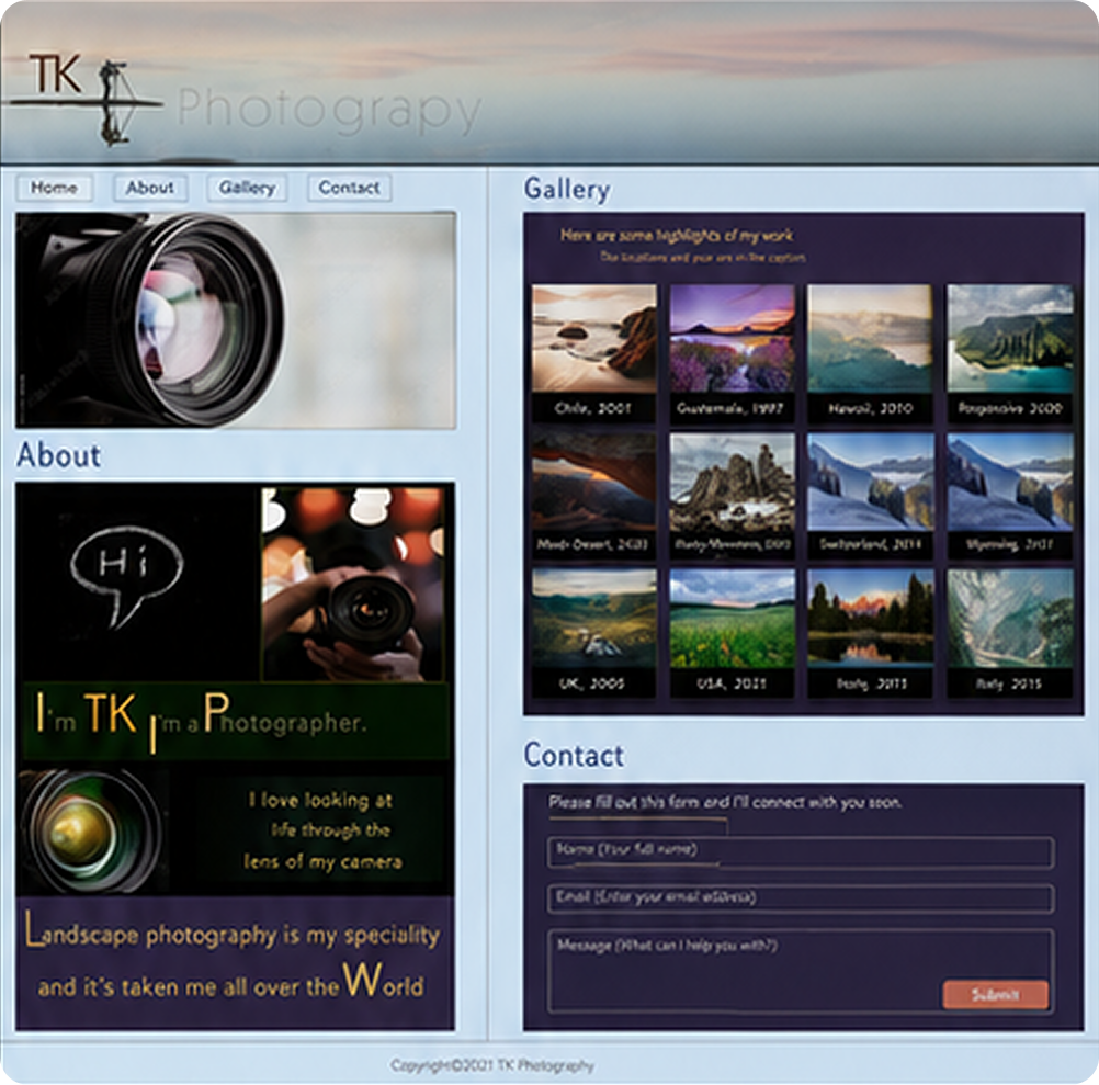 TK Photography website showing a gallery, about section, contact form, and photography portfolio content.
