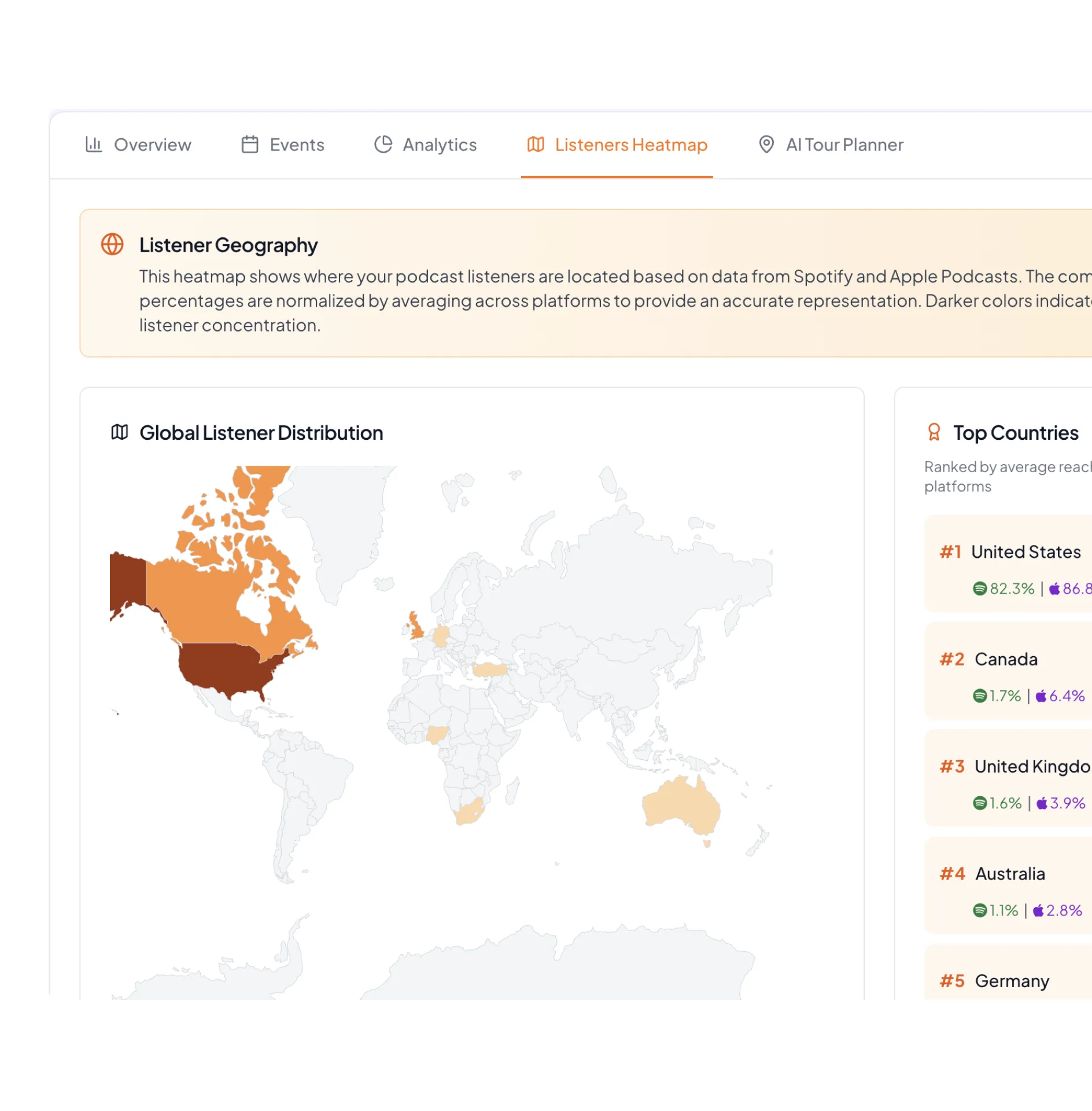Heatmap of global podcast listener distribution highlighting the United States, Canada, United Kingdom, Australia, and Germany with darkest colors showing highest listener concentration.