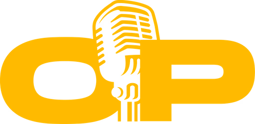 Yellow stylized logo combining a vintage microphone and the letters d and p.