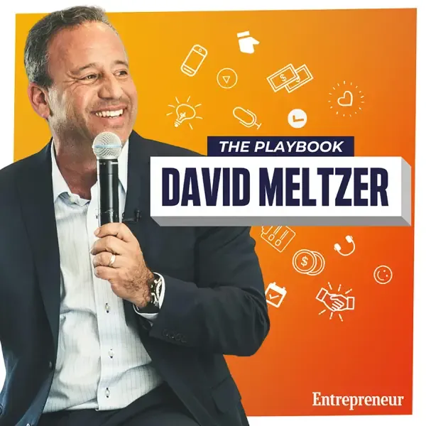 Smiling man in a suit holding a microphone with text overlay 'The Playbook David Meltzer' on an orange background with business icons, Entrepreneur logo in corner.
