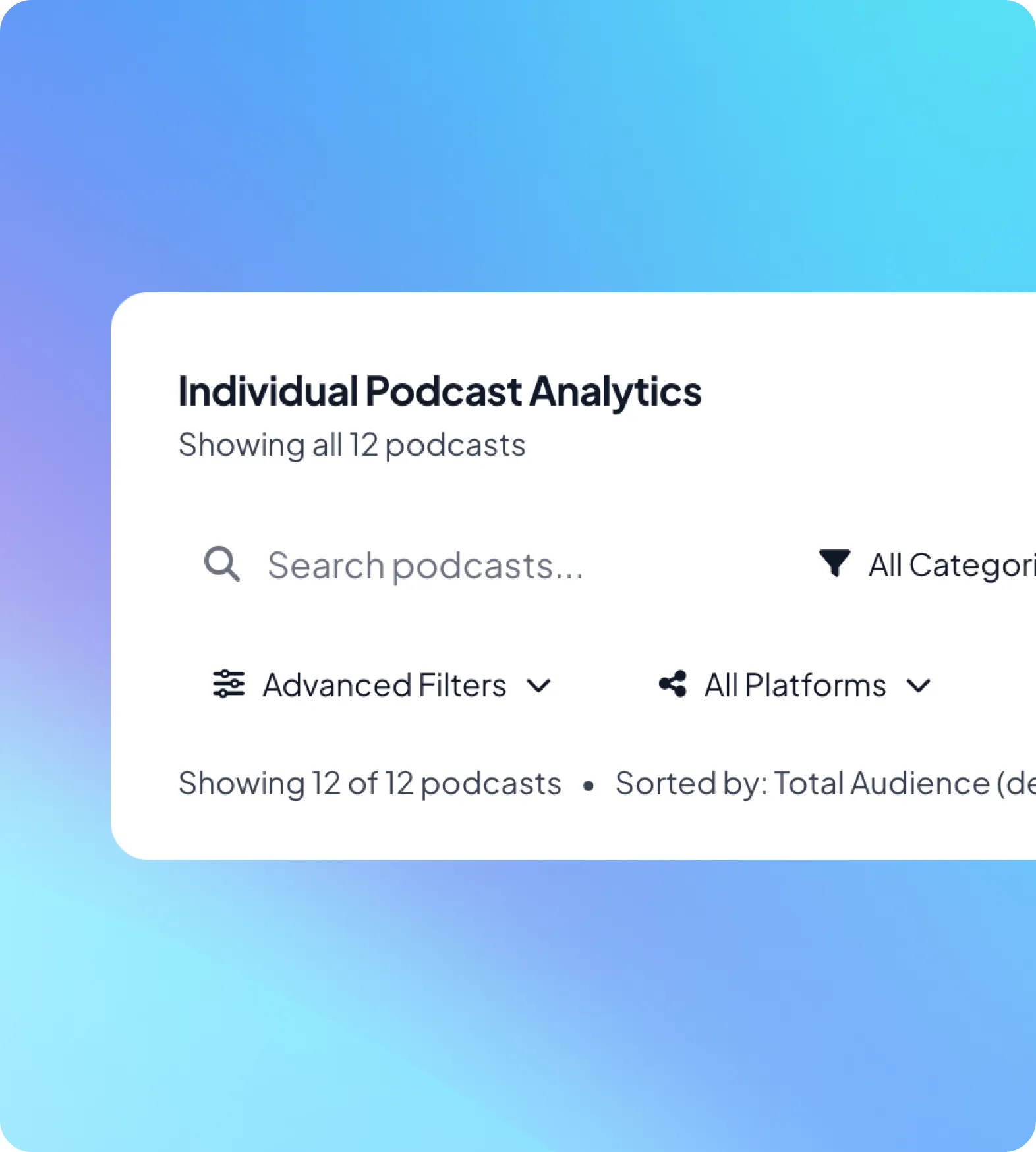 Dashboard interface for Individual Podcast Analytics showing search and filter options with 12 podcasts listed.