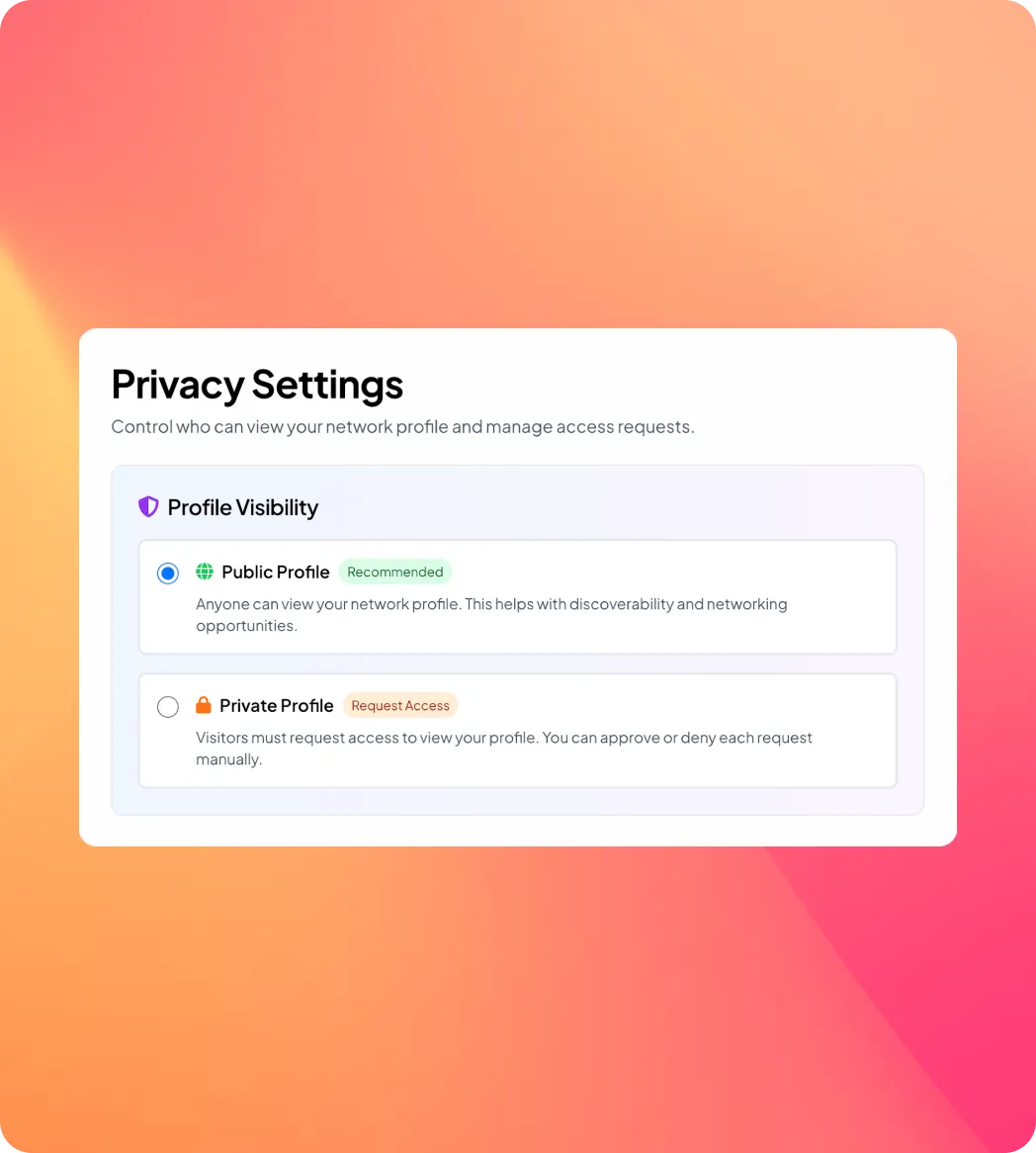 Privacy Settings interface showing Profile Visibility options with Public Profile selected, allowing anyone to view the profile, and Private Profile option requiring access requests.