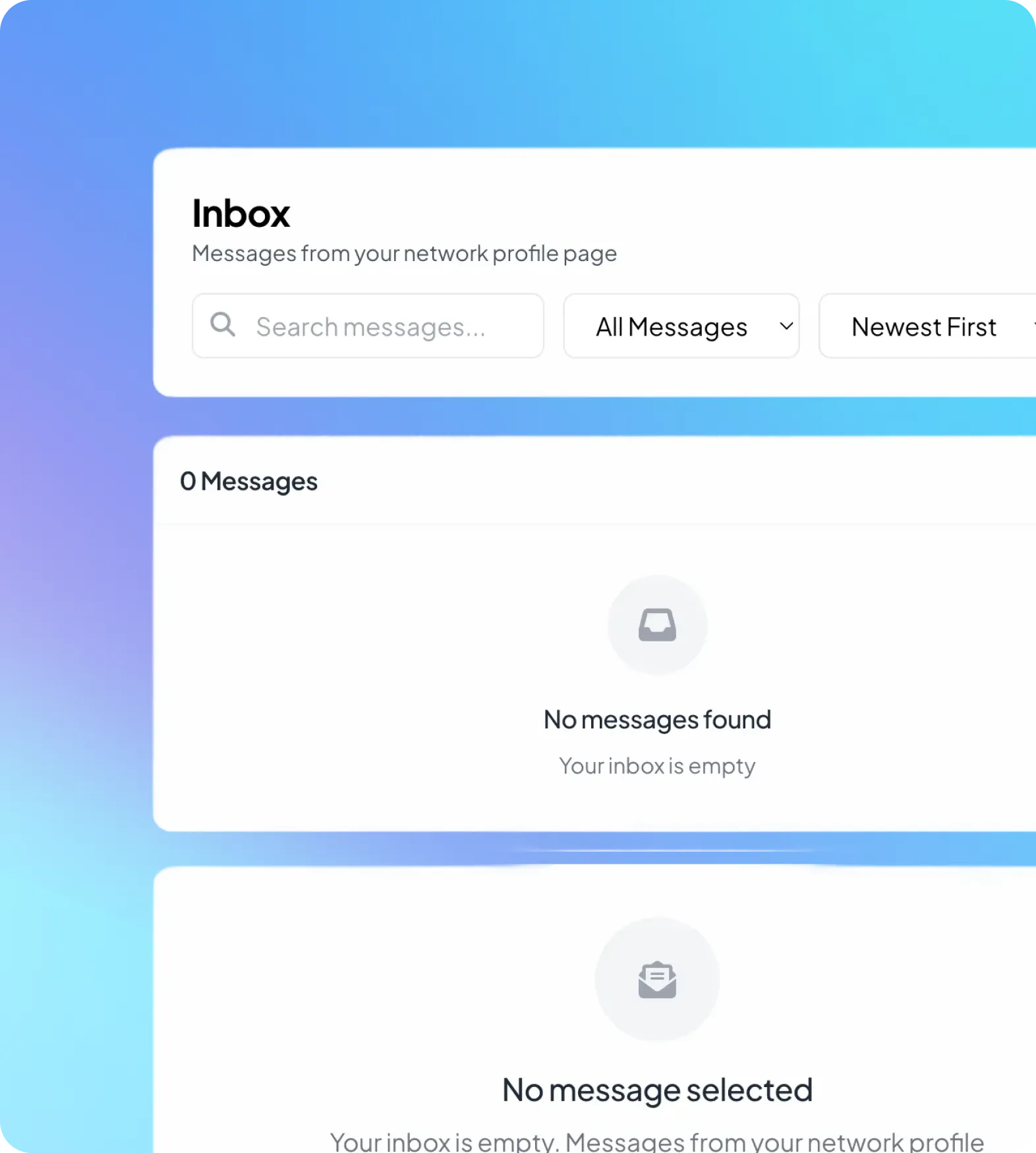 Empty inbox interface showing no messages found and no message selected with search and filter options.