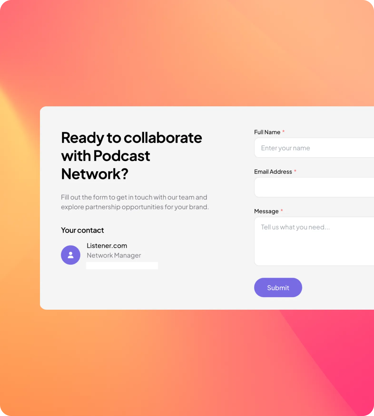 Contact form titled 'Ready to collaborate with Podcast Network?' with fields for full name, email address, and message, and a purple Submit button.