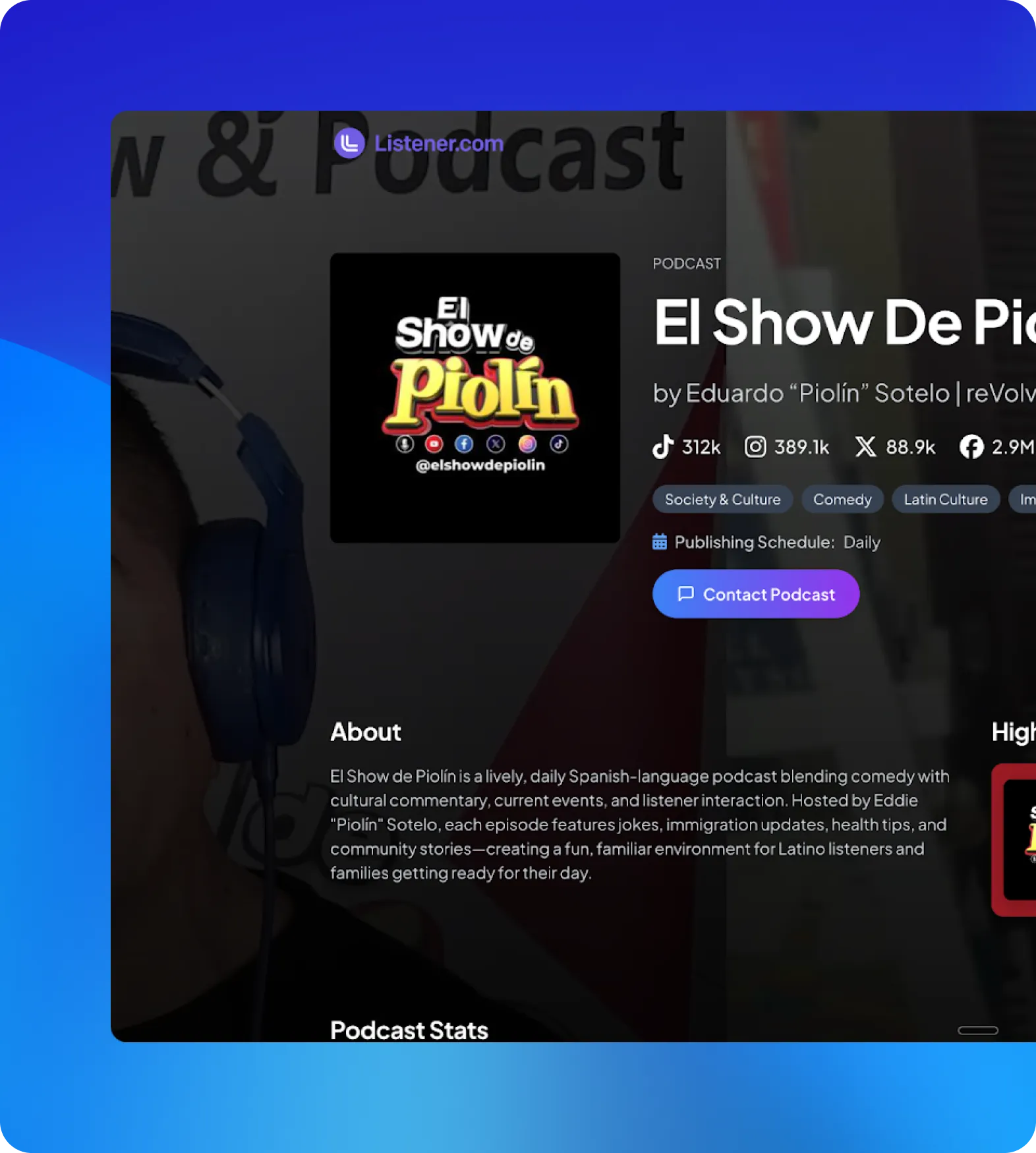 Podcast page for El Show De Piolín by Eduardo “Piolín” Sotelo showing social media stats, publishing schedule, and a description of the Spanish-language comedy and cultural commentary podcast.