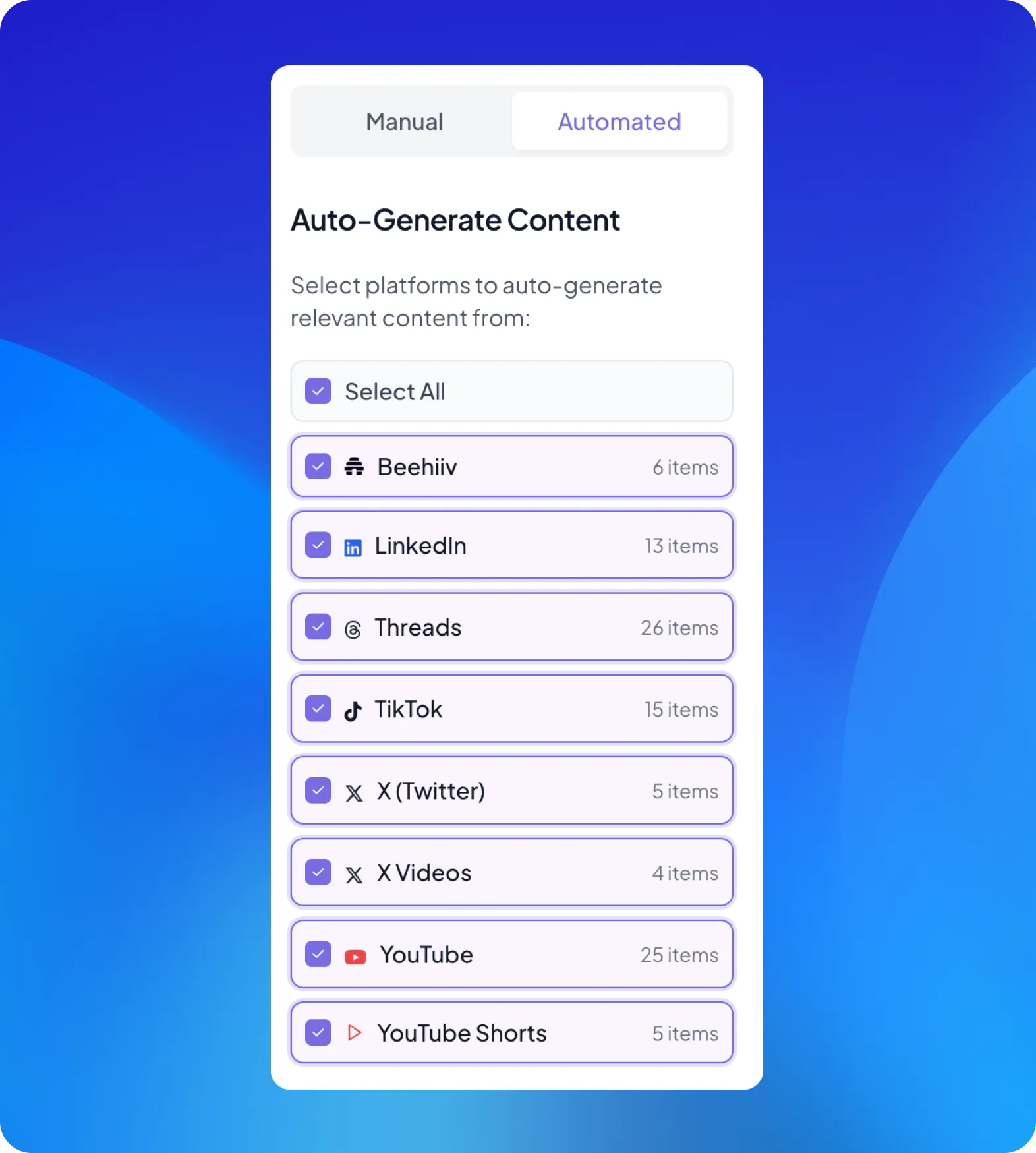 Interface showing auto-generate content options with platforms selected including Beehiiv, LinkedIn, Threads, TikTok, X (Twitter), X Videos, YouTube, and YouTube Shorts with item counts for each.