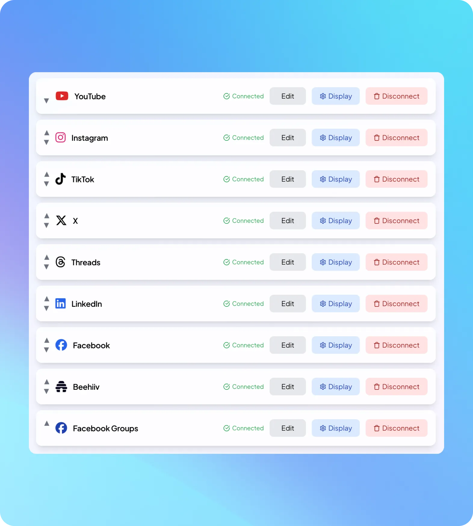 Interface showing connected social media integrations including YouTube, Instagram, TikTok, X, Threads, LinkedIn, Facebook, Beehiiv, and Facebook Groups with options to edit, display, or disconnect each.
