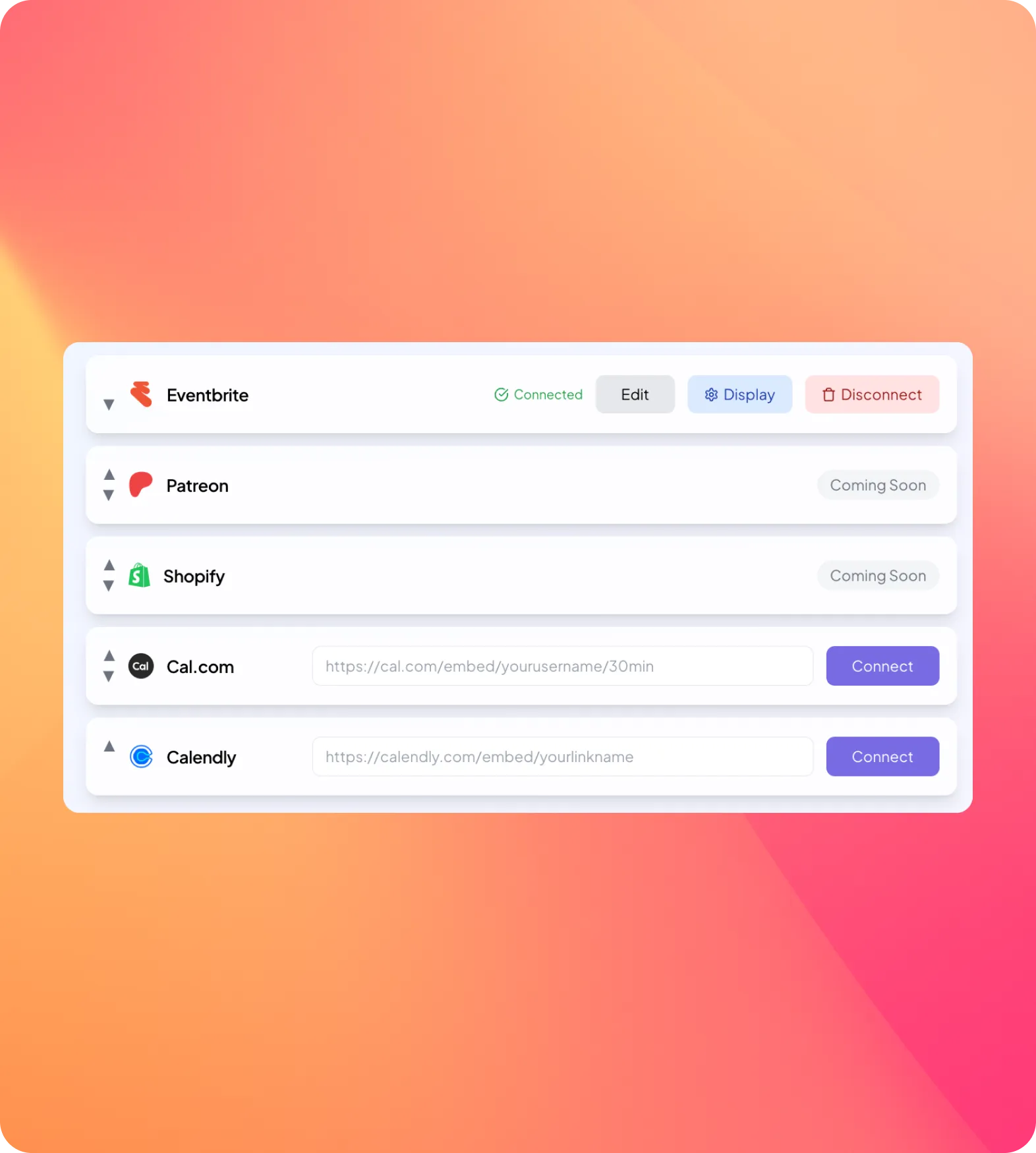 Integration settings panel showing connected Eventbrite with editable options, Patreon and Shopify marked as coming soon, and Cal.com and Calendly with link input fields and connect buttons.