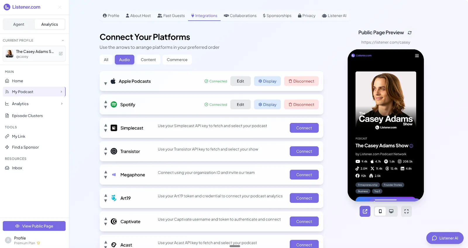 Listener.com dashboard showing podcast integration options including Apple Podcasts, Spotify, and others, with a mobile preview of The Casey Adams Show page.