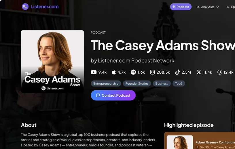 Website screenshot showing The Casey Adams Show podcast page with host Casey Adams' photo and podcast statistics.