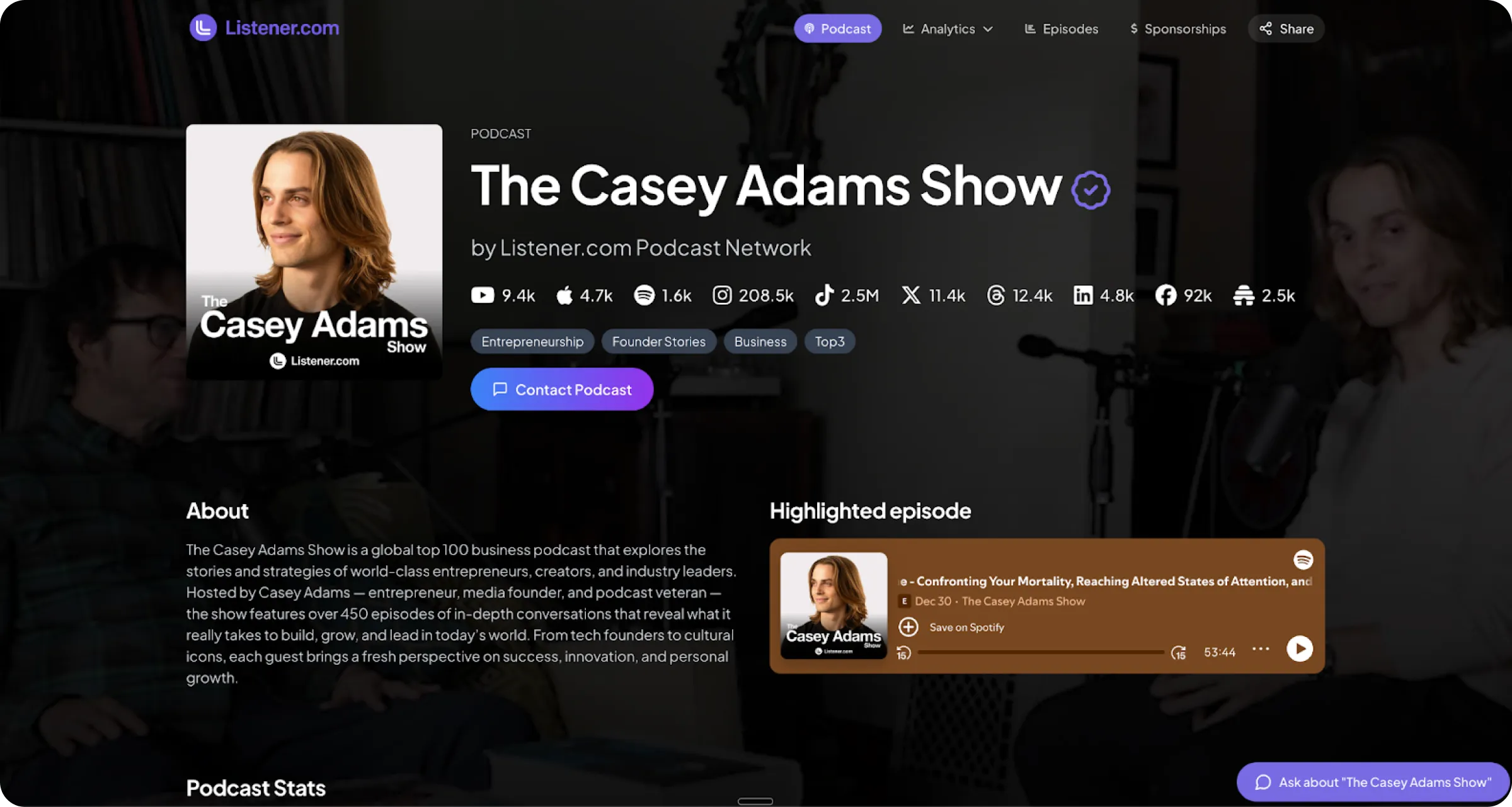 Podcast page for The Casey Adams Show showing host Casey Adams, podcast stats, about section, and a highlighted episode player.