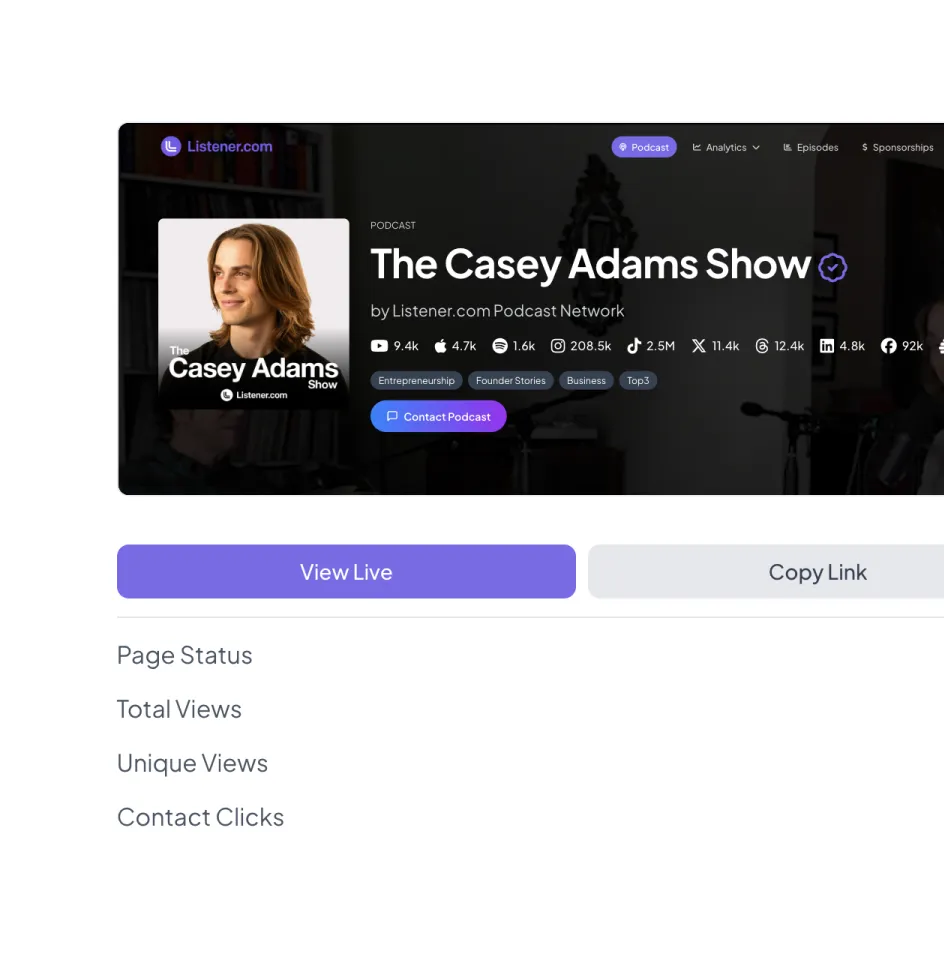 Podcast page for The Casey Adams Show with host photo, social media metrics, and buttons for viewing live and copying link.