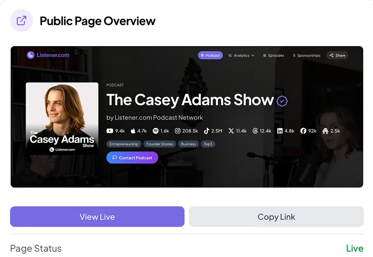 Screenshot of The Casey Adams Show podcast page on Listener.com showing podcast stats including 9.4k YouTube, 4.7k Apple, 1.6k Google, 208.5k Spotify followers, and buttons for Contact Podcast, View Live, and Copy Link.
