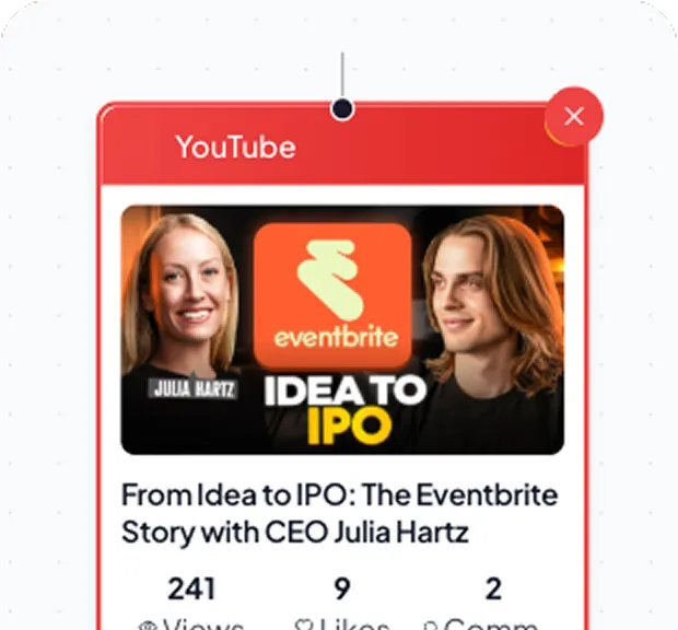 YouTube video preview titled 'From Idea to IPO: The Eventbrite Story with CEO Julia Hartz' featuring photos of Julia Hartz and a man, with the Eventbrite logo in the center.