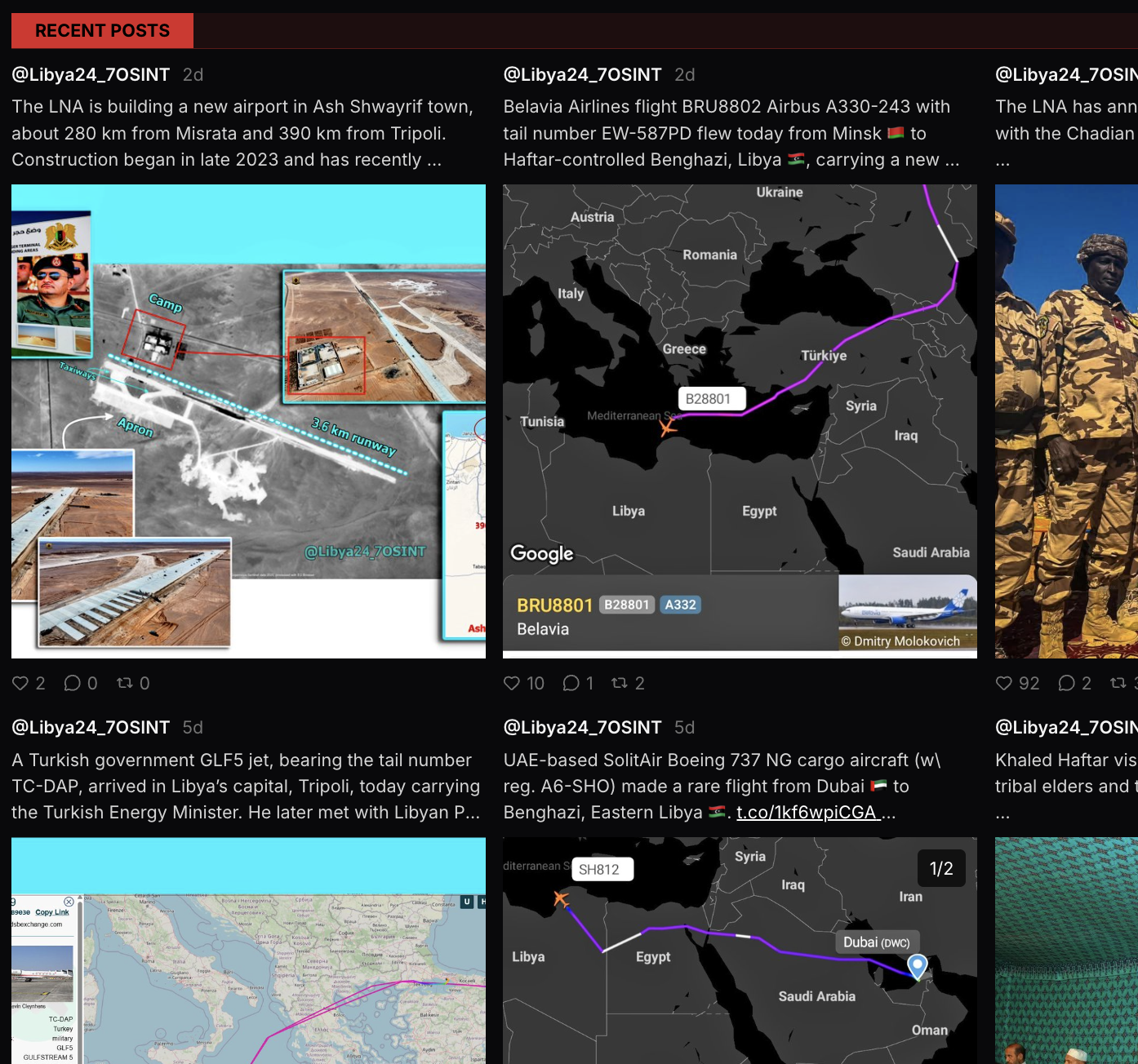 Screenshot of recent posts showing tweets about Libya, including images of airport construction and flight paths over Europe, Middle East, and North Africa.