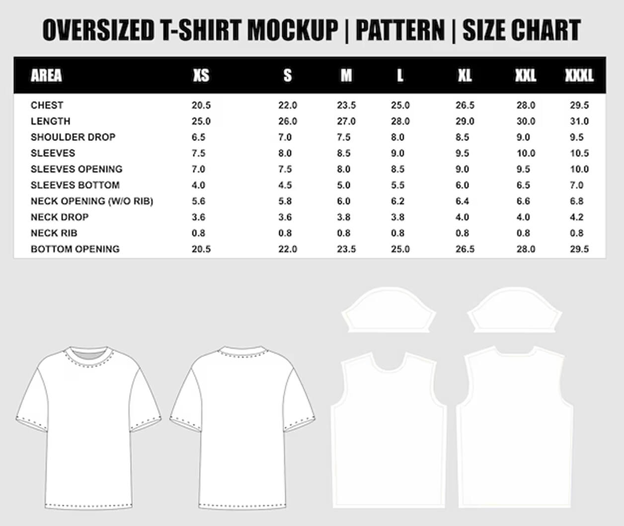 Oversized t-shirt size chart with measurements for chest, length, shoulder drop, sleeves, sleeve opening, sleeve bottom, neck opening, neck drop, neck rib, and bottom opening for sizes XS to XXXL, alongside front and back t-shirt pattern sketches.