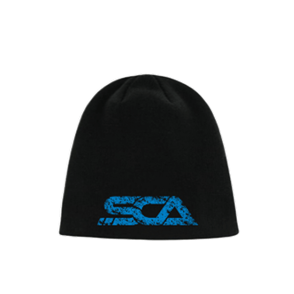 Black beanie hat with a distressed blue SCA logo on the front with Streetcar Addiction Merch.