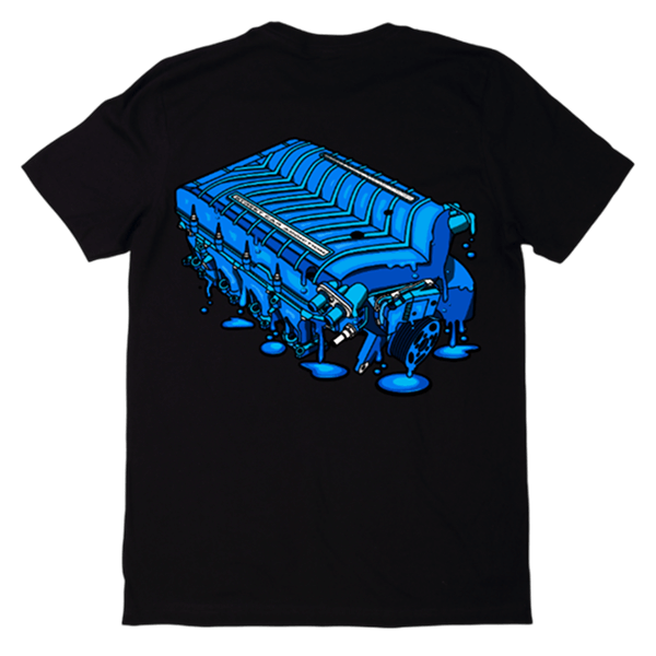 Black t-shirt featuring a graphic of a blue engine block melting with blue drips pooling beneath it with Streetcar Addiction Merch.