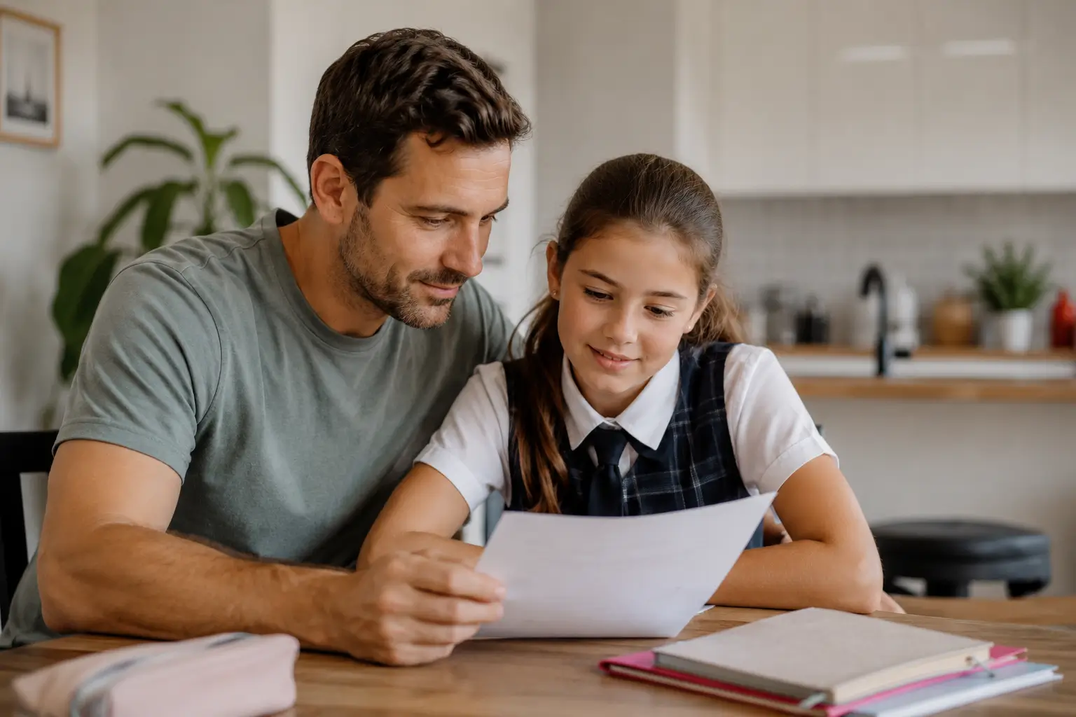 Father and daughter in school uniform reading a document together at the kitchen table at home.