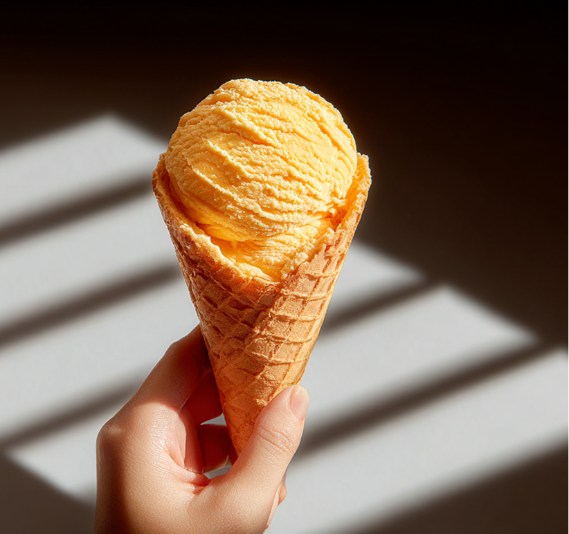 Hand hält eine Waffeltüte mit einer Kugel orangefarbenem Eis vor einer schattigen Wand