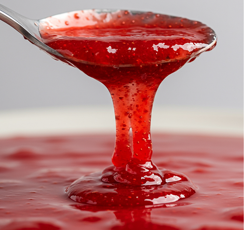 Spoon lifting glossy red strawberry sauce that drips back into the bowl, close-up