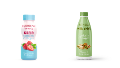 Pink kefir drink and green fitness milk drink bottle, both labelled as containing collagen