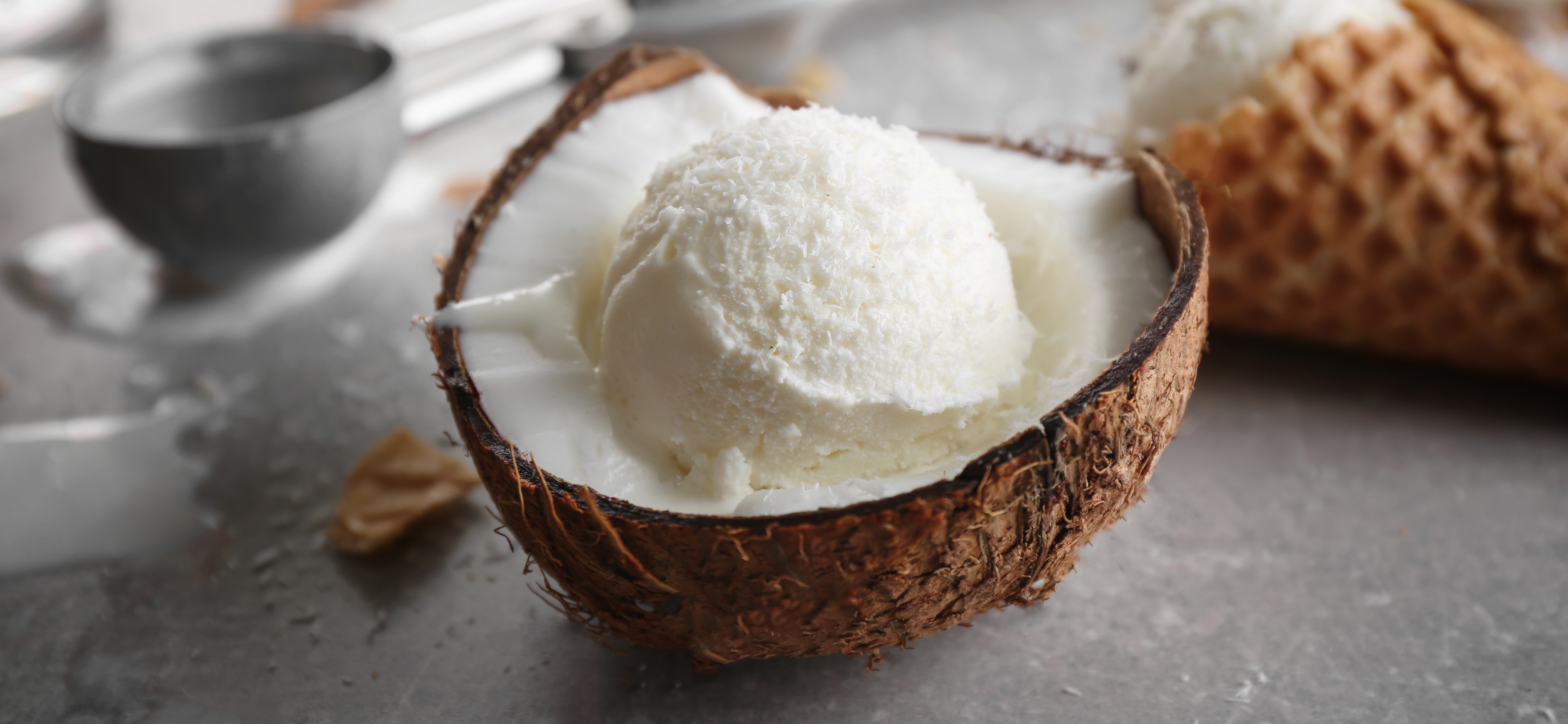 Scoop of coconut ice cream served in a coconut shell half, with a waffle cone beside it
