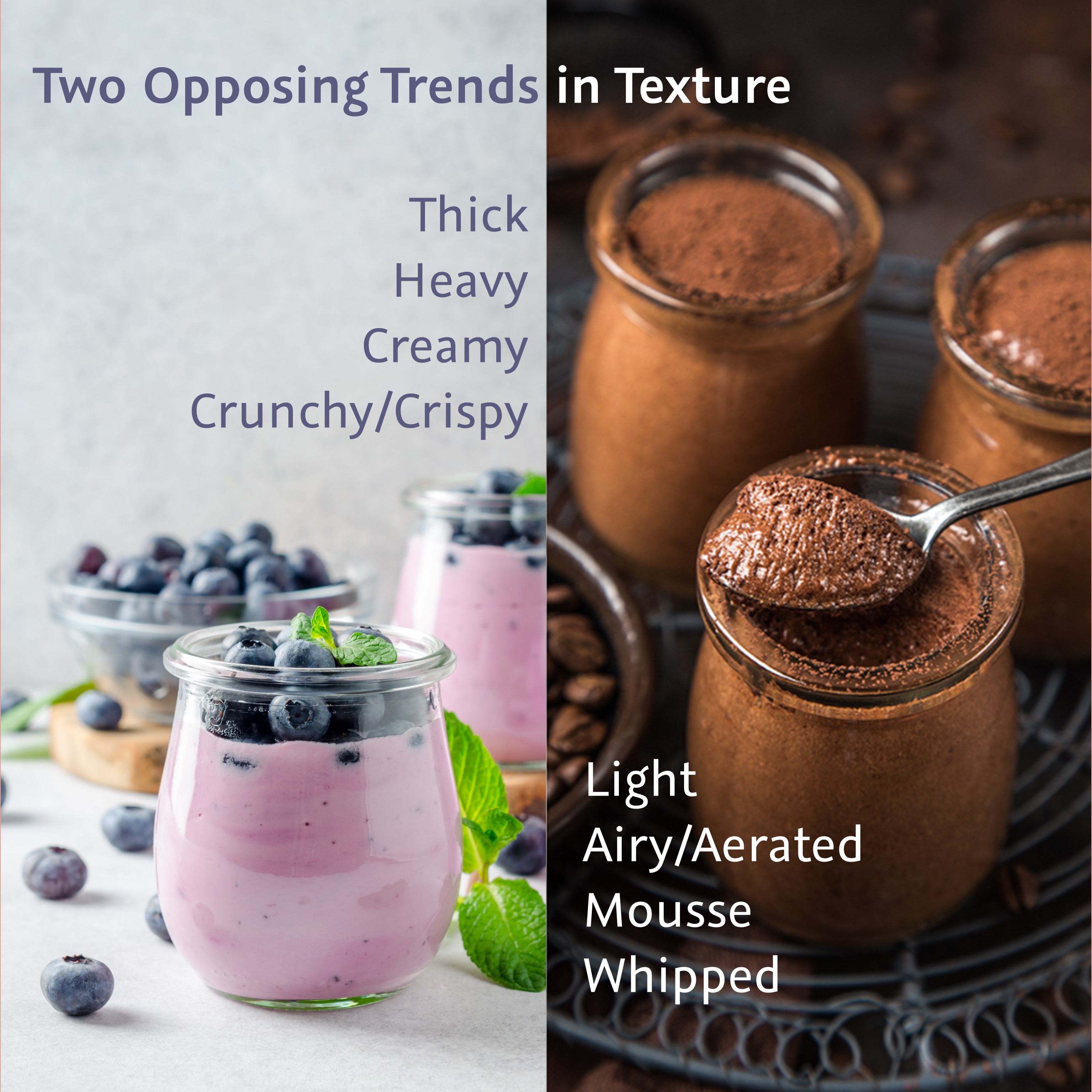 Split image contrasting a creamy berry yogurt dessert with a light, whipped chocolate mousse