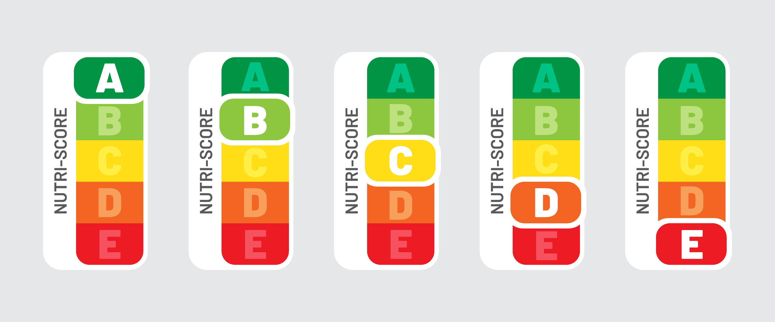 Five Nutri-Score labels ranging from A to E, each highlighting a different grade