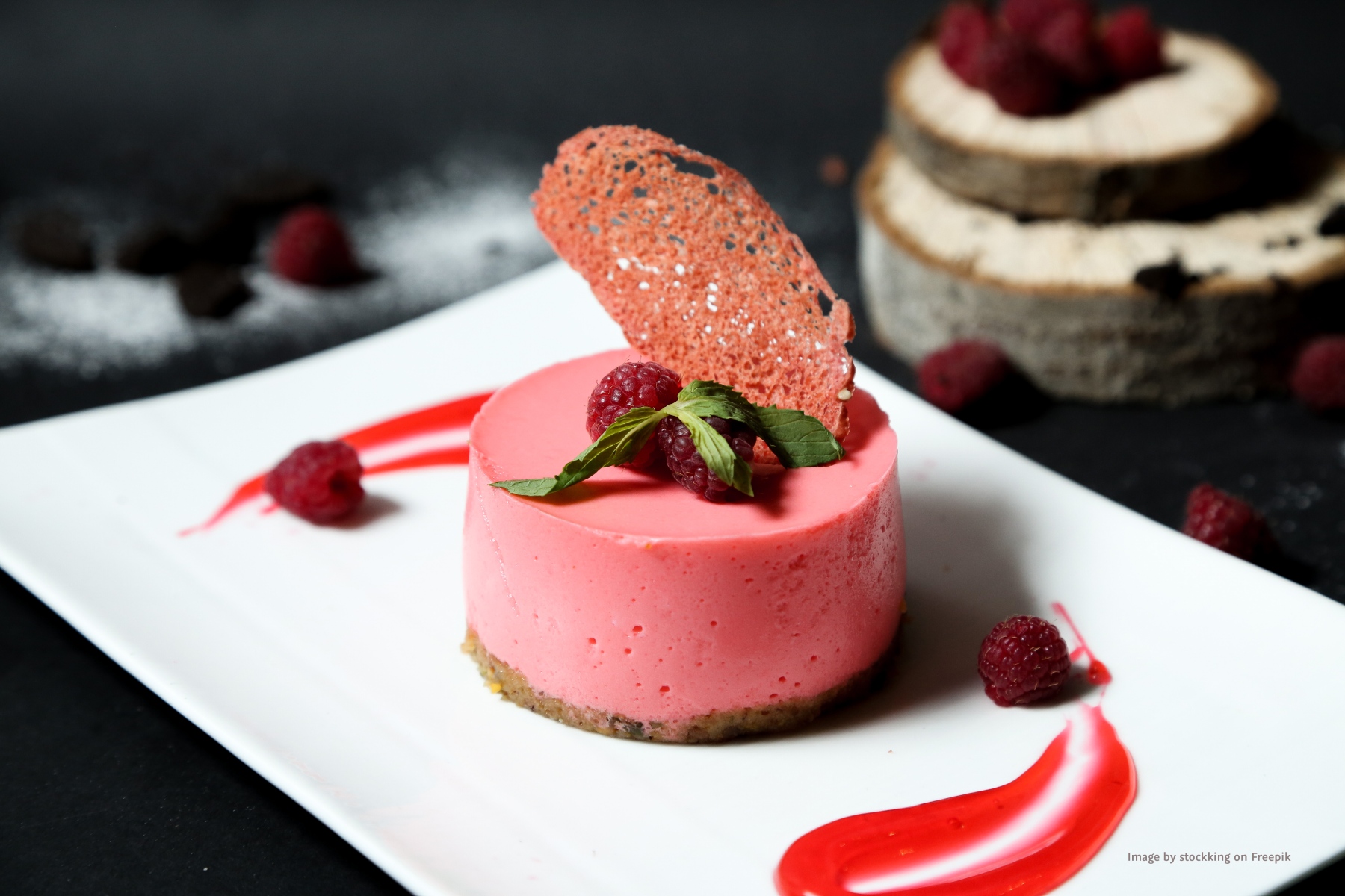 Pink mousse cake topped with raspberries, mint leaves and a delicate sugar garnish on a white plate.