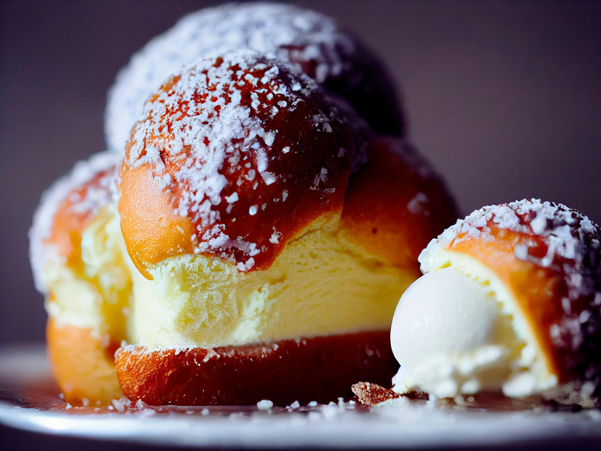 Powdered sugar-dusted brioche bun filled with vanilla ice cream, cut open on a plate